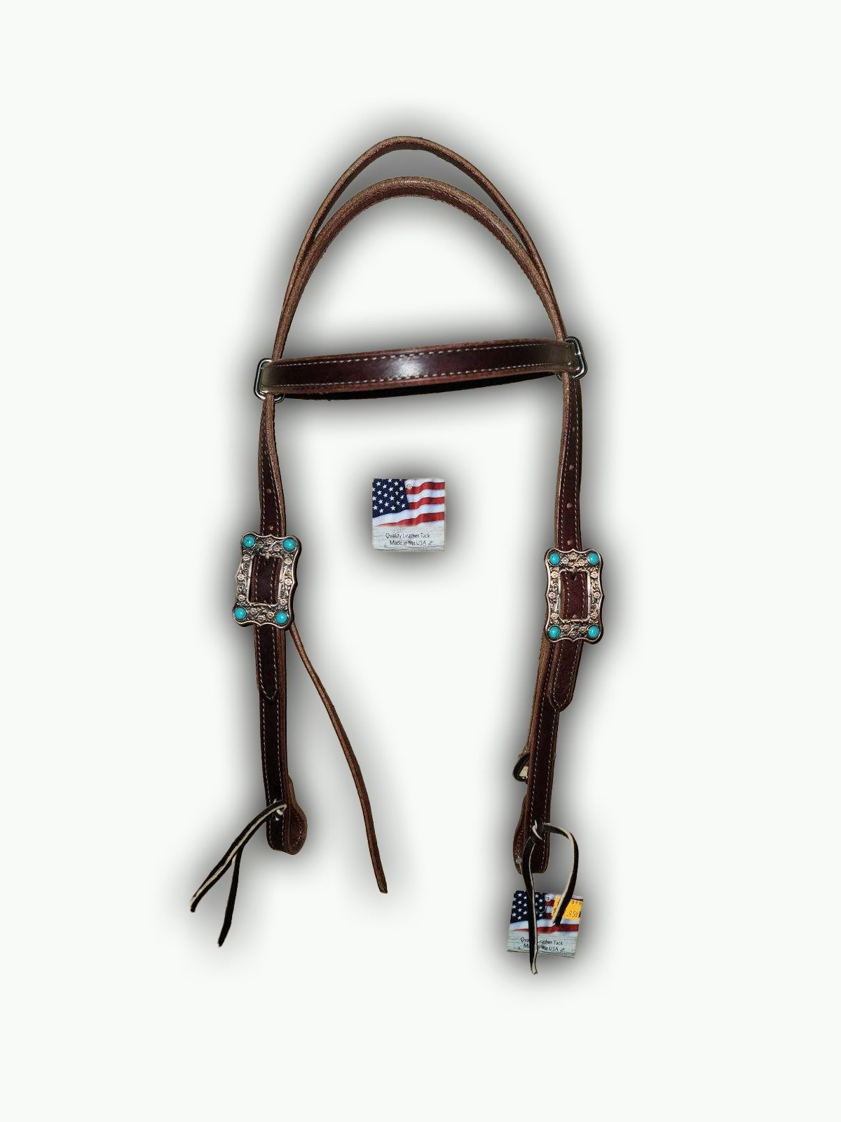 BB011-1_Brow Band Headstall Chestnut Leather Large Copper Color Buckle with Turquoise Color Stone Accents