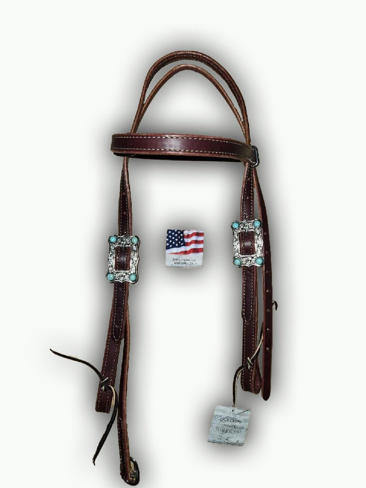 BB010-1_Brow Band Headstall Chestnut Leather Large Nickle Color Buckle with Turquoise Color Stone Accents