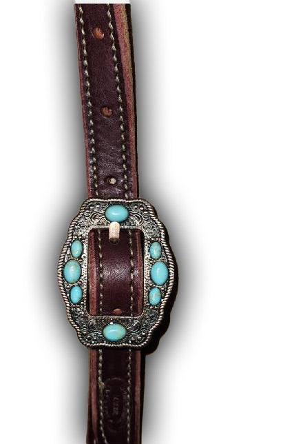 BB006-1_Brow Band Headstall Chestnut Leather Navajo Rope Edge Copper Color Buckle with Turquoise Color Accent Stones