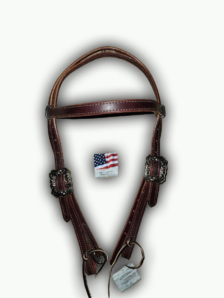 BB012-1_Brow Band Headstall Chestnut Leather Western Rose Buckle with Gold Rope Edge with Copper Accents