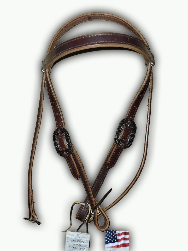 BB001-2_Brow Band Headstall Chocolate Color Leather Oval Floral Buckles with Copper Accents