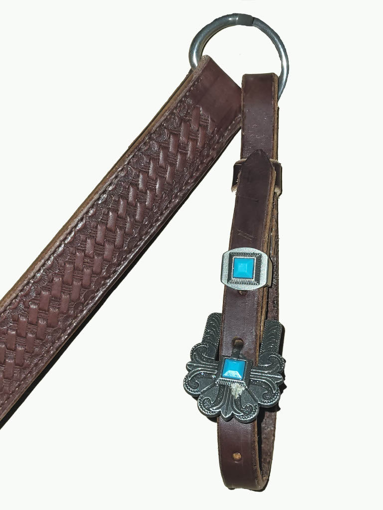 BC223-4_Breast Collar Durango Pewter Color Buckle With Keeper With Turquoise Accent Stones on Basket Stamp Chocolate Leather