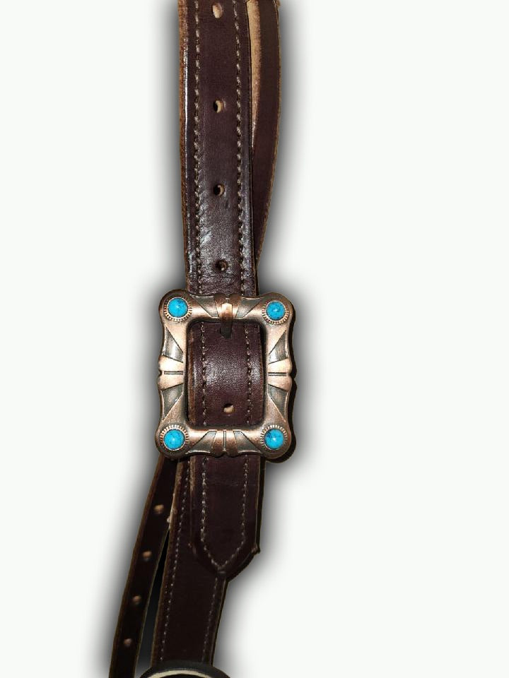 BB020-2_Brow Band Headstall Chocolate Leather 1 Inch Wide Mohave Copper Plated Buckle with Turquoise Color Stone Accents