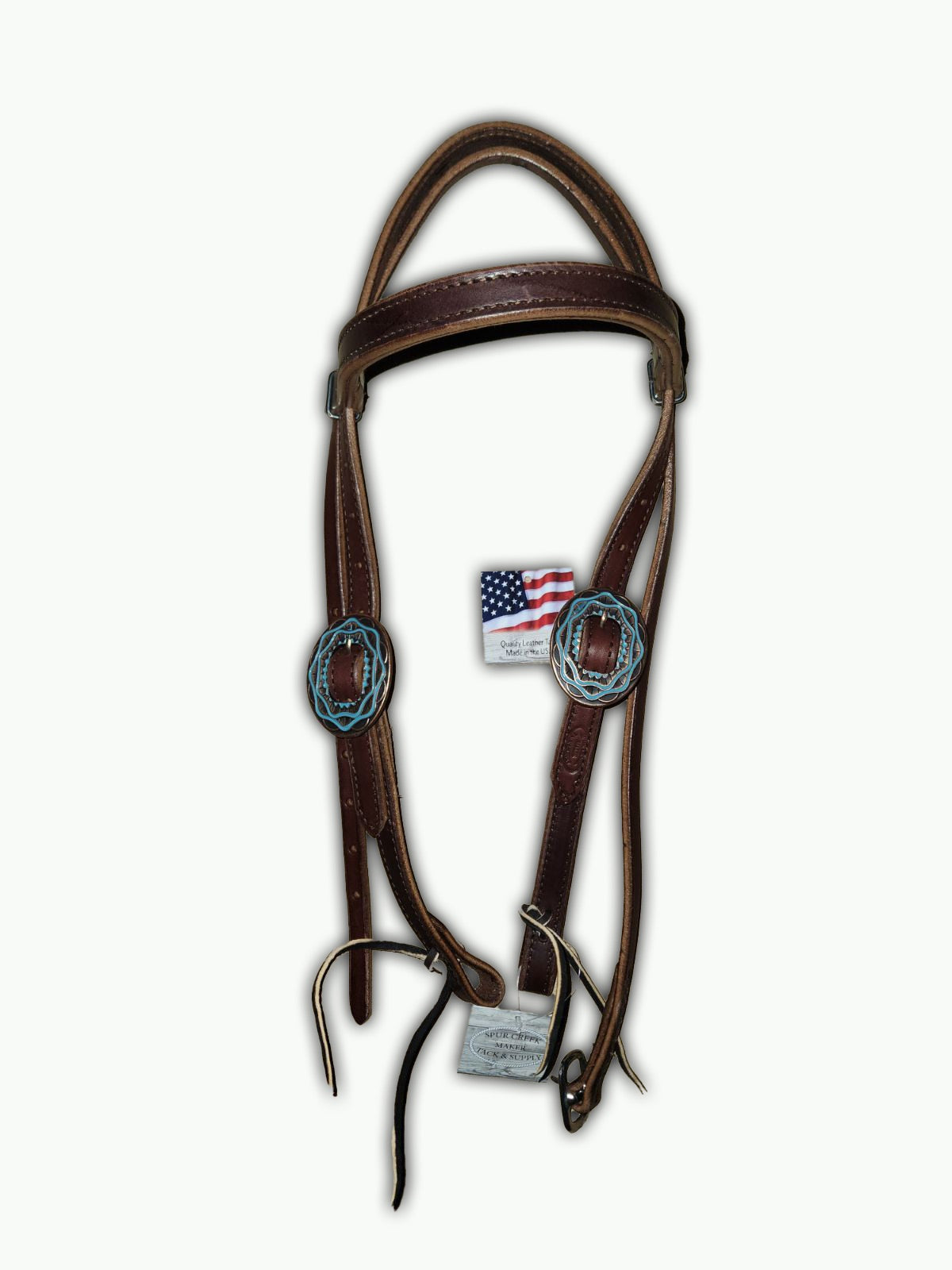 BB013-2_Brow Band Headstall Chocolate Leather Aztec Oval Copper Color Buckle with Turquoise Color Inlay