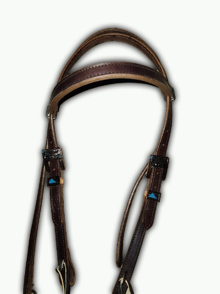 BB008-2_Brow Band Headstall Chocolate Leather Cherokee Copper Color Arrow Buckle with Keeper with Turquoise Color Accents