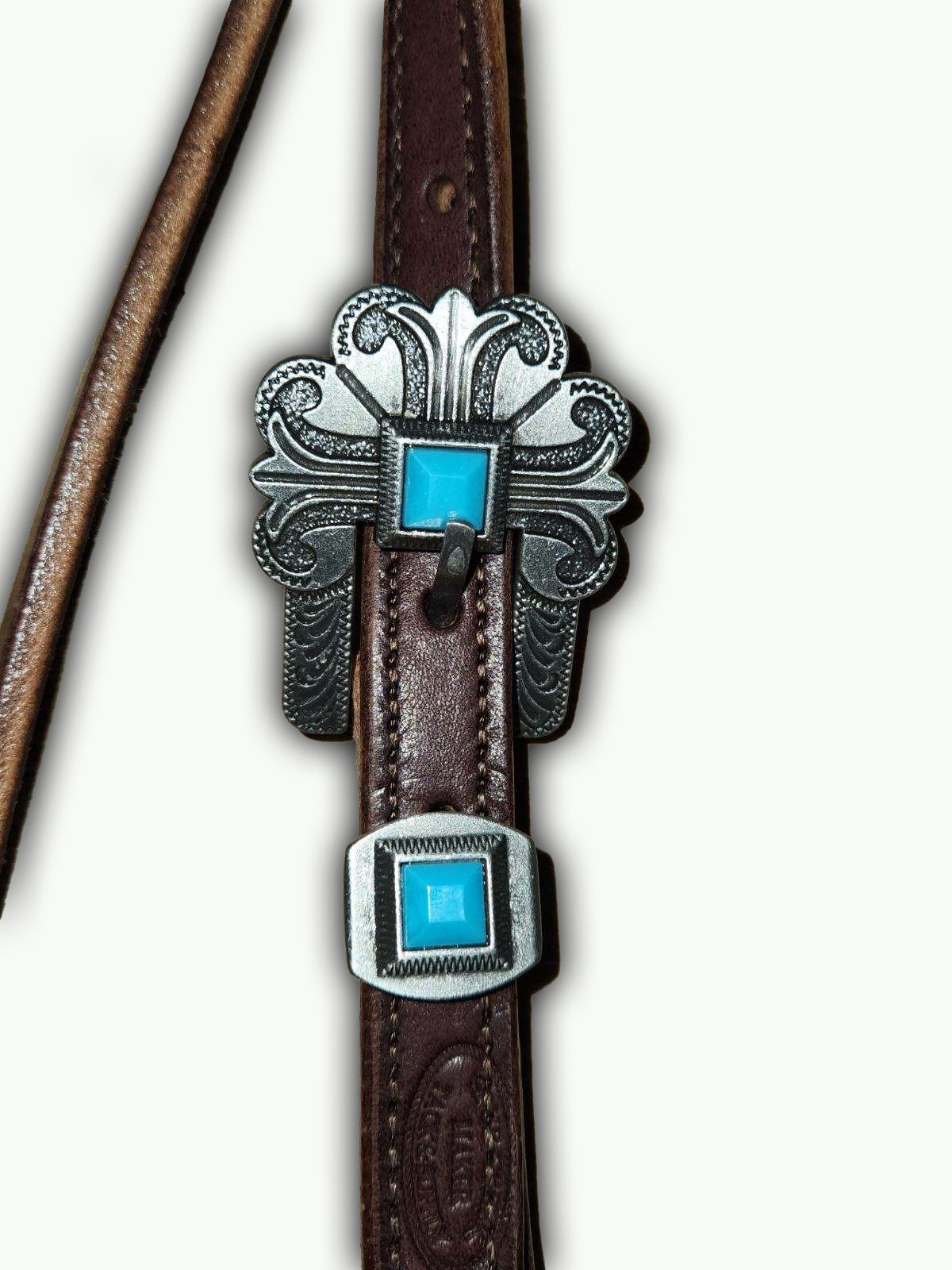 BB004-2_Brow Band Headstall Chocolate Leather Durango Pewter Color Buckle with Keeper and Turquoise Accent Stones