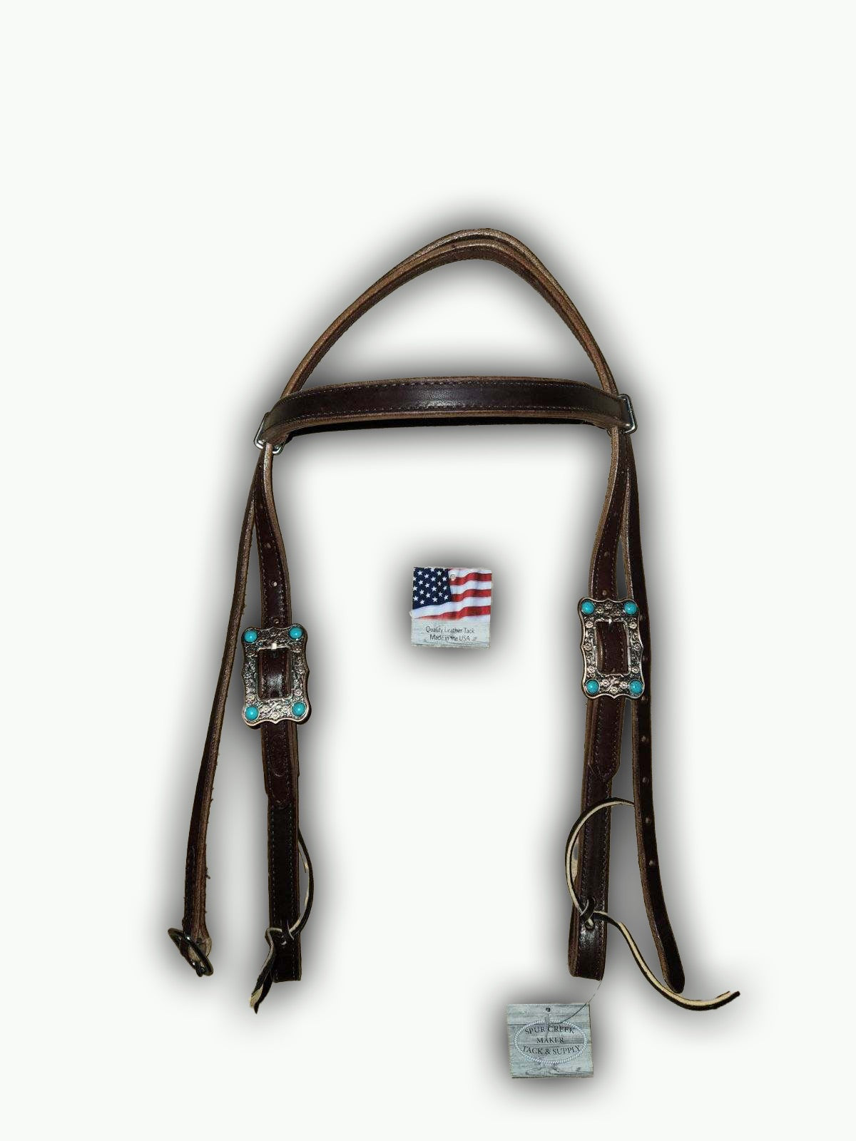 BB011-2_Brow Band Headstall Chocolate Leather Large Copper Color Buckle with Turquoise Color Stone Accents