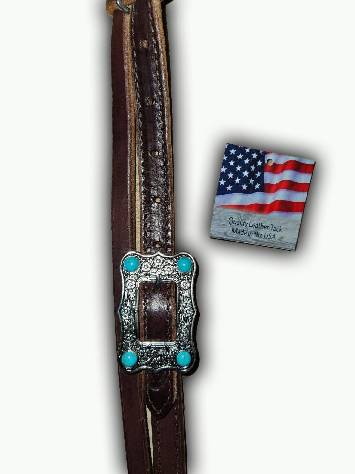 BB010-2_Brow Band Headstall Chocolate Leather Large Nickle Color Buckle with Turquoise Color Stone Accents