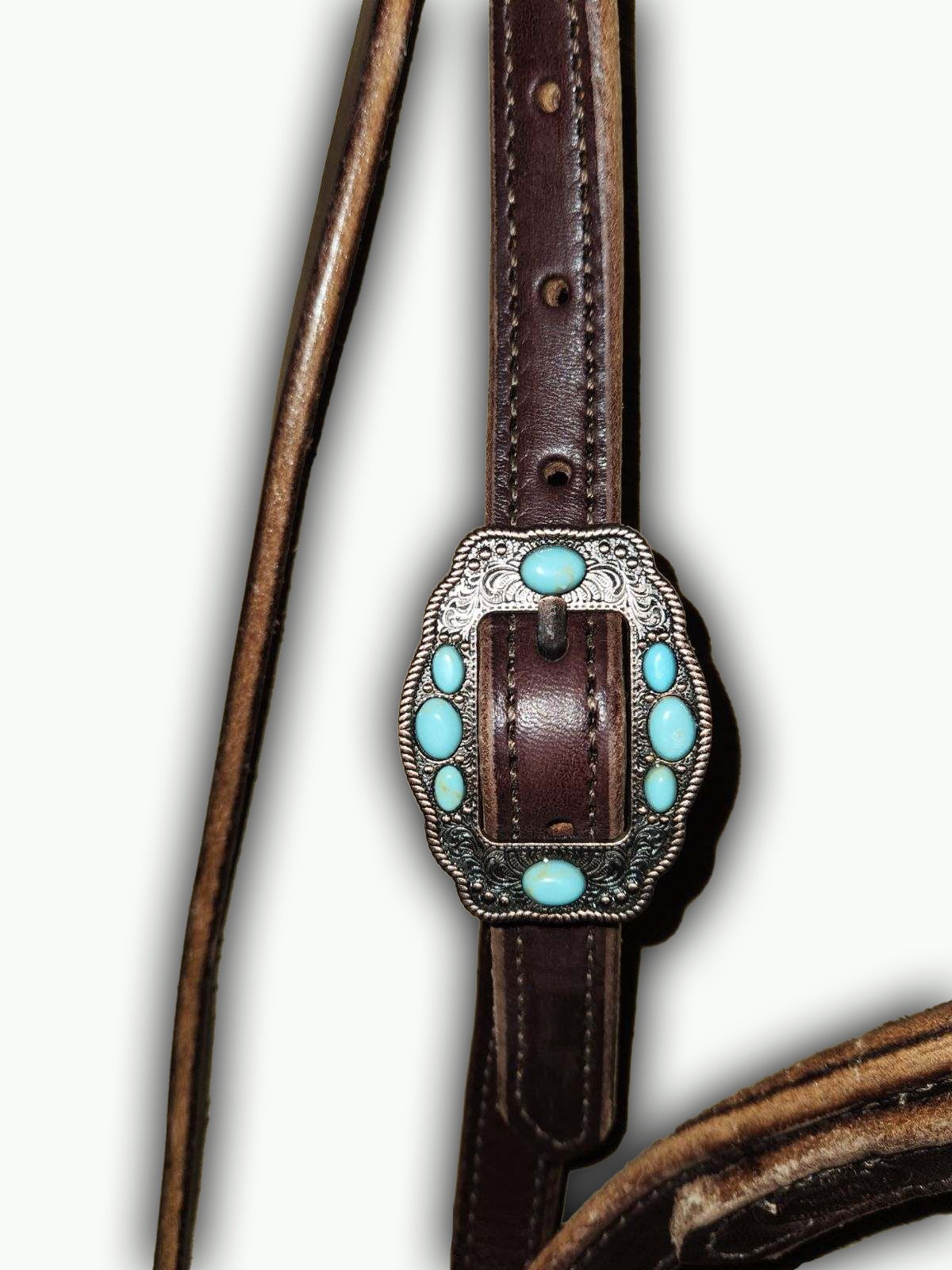 BB006-2_Brow Band Headstall Chocolate Leather Navajo Rope Edge Copper Color Buckle with Turquoise Color Accent Stones