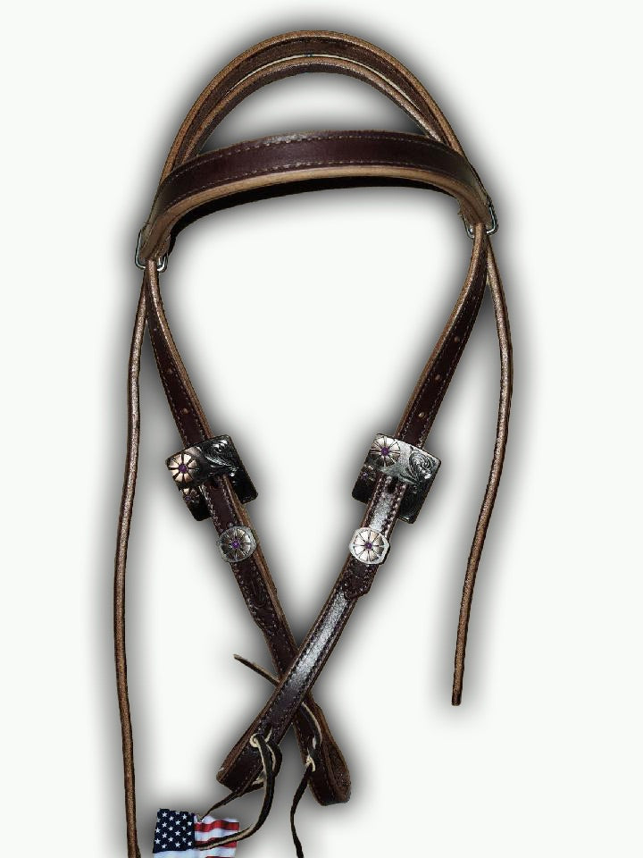 BB007-2_Brow Band Headstall Chocolate Leather Purple Daisy Square Buckle with Keeper with Purple Accent Stones