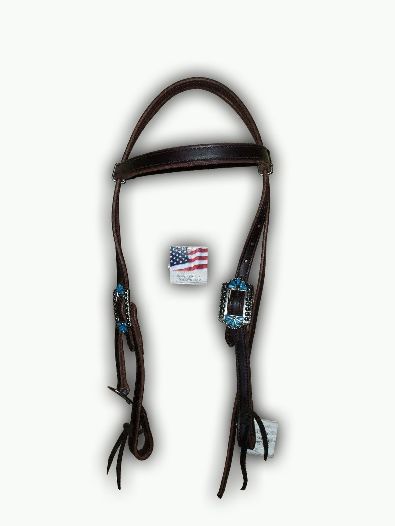 BB015_Brow Band Headstall Mahogany Leather Turquoise Burst Buckle