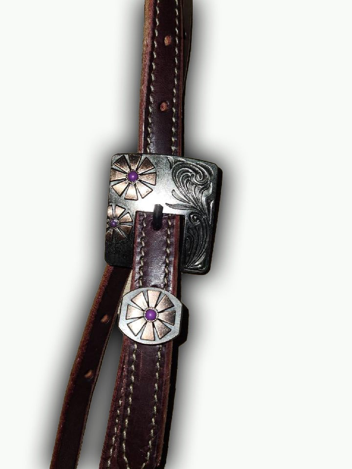 BB007-1_Brow Band Headstall Purple Daisy Square Buckle with Keeper with Purple Accent Stones