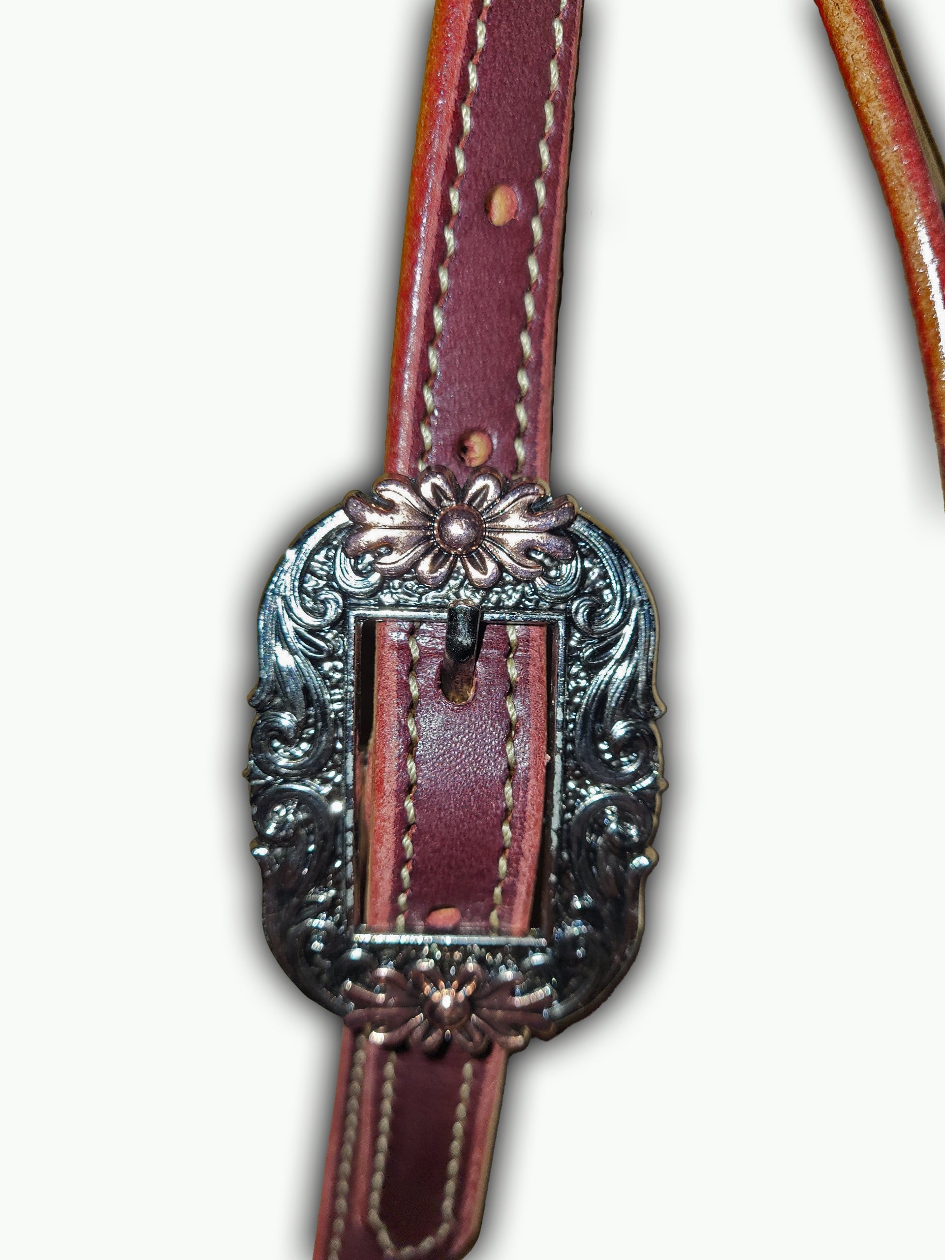 BB001-1_Brow Band Headstalls Chestnut Color Leather Oval Floral Buckles with Copper Accents