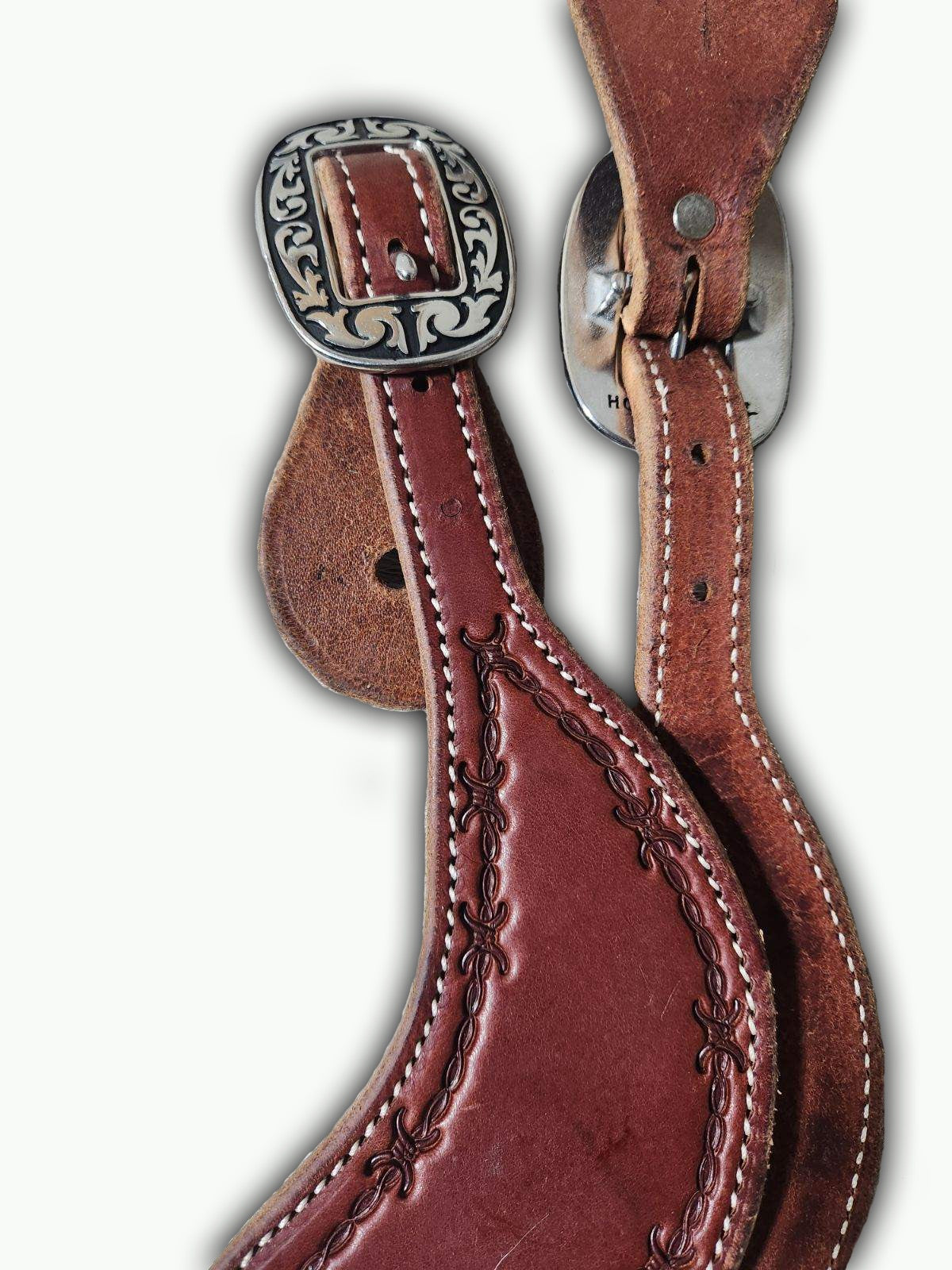 ST301-2_Chestnut Leather Barbwire Stamp With Horse Shoe Brand Buckles Mens Spur Straps