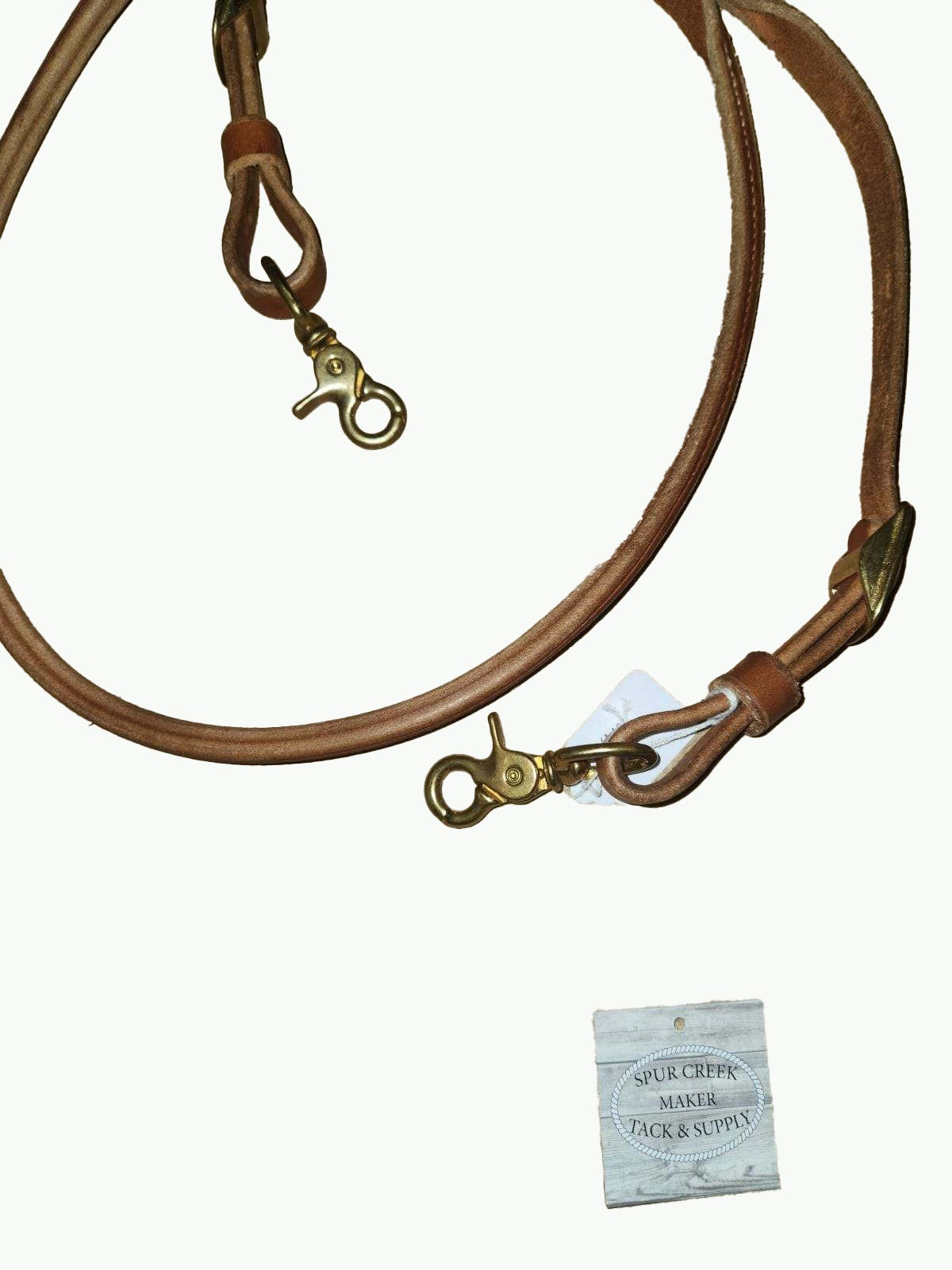 R262-2_Pony Size Rolled Harness Leather Gaming Reins With Brass Plated Scissor Snap Ends