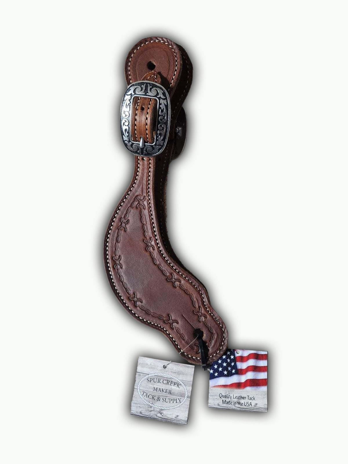 ST301-1_Chocolate Leather Barbwire Stamp With Horse Shoe Brand Buckles Mens Spur Straps