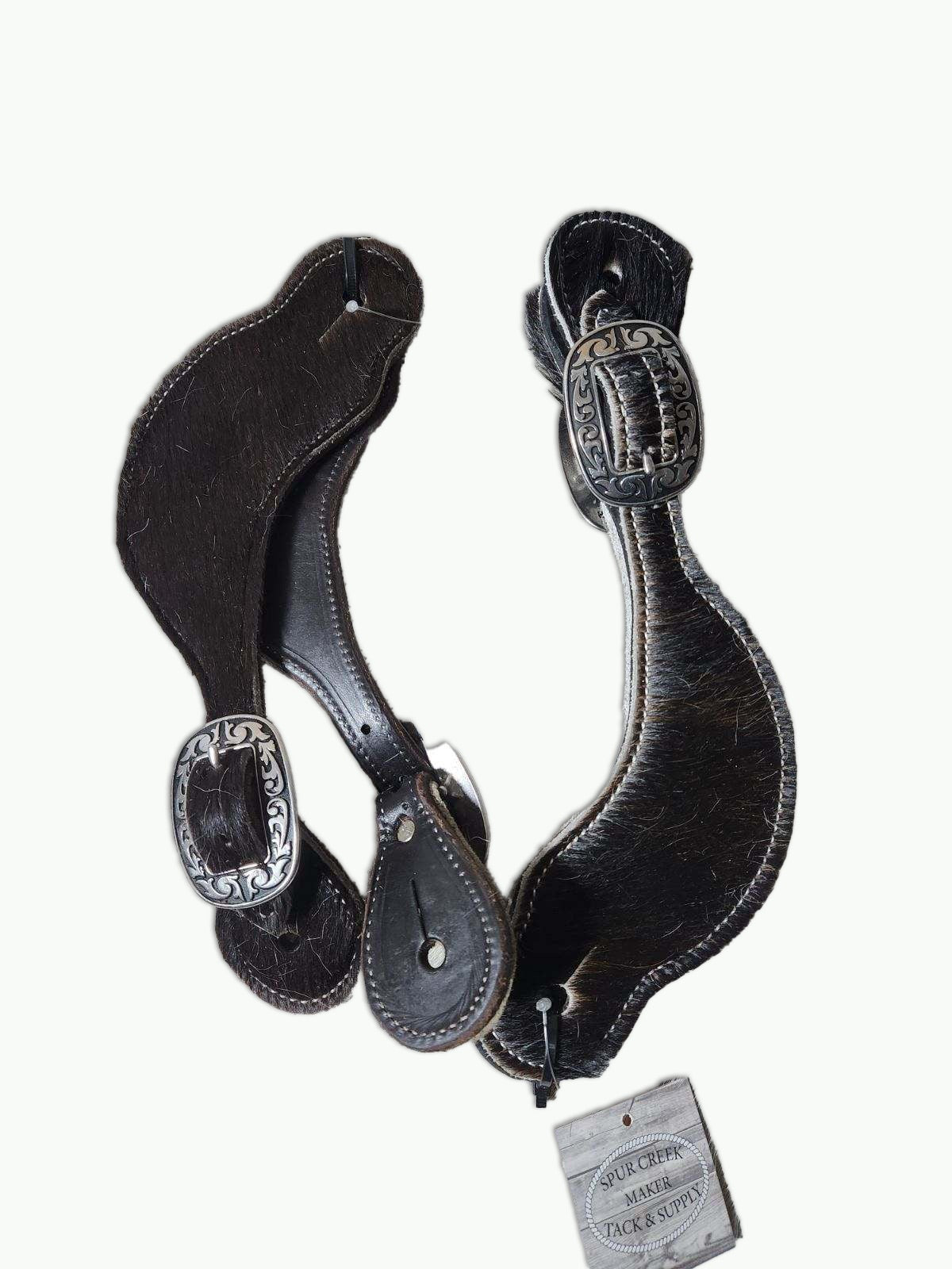 ST300-2_Dark Hair On Hide With Horse Shoe Brand Buckles Mens Spur Straps