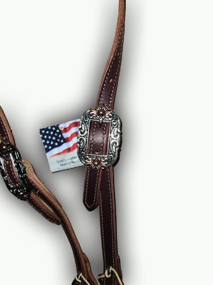 DB050-1_Double Buckle One Ear Headstalls Chestnut Leather Oval Floral Buckle with Copper Accents