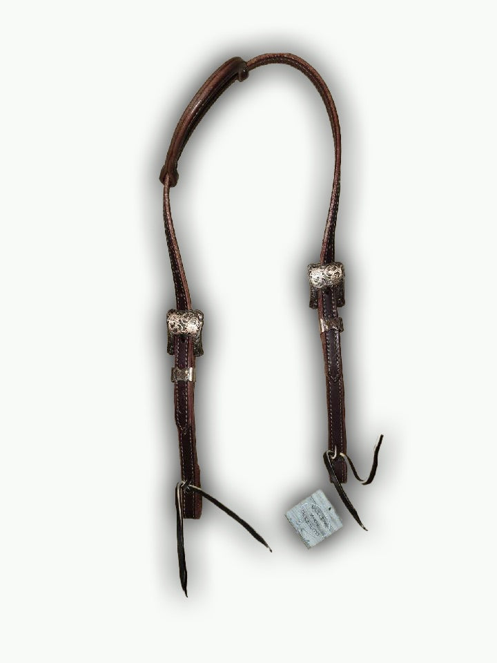 DB052-1_Double Buckle One Ear Headstalls Chestnut Leather Cheyenne Copper Plated Square Buckle with Keeper