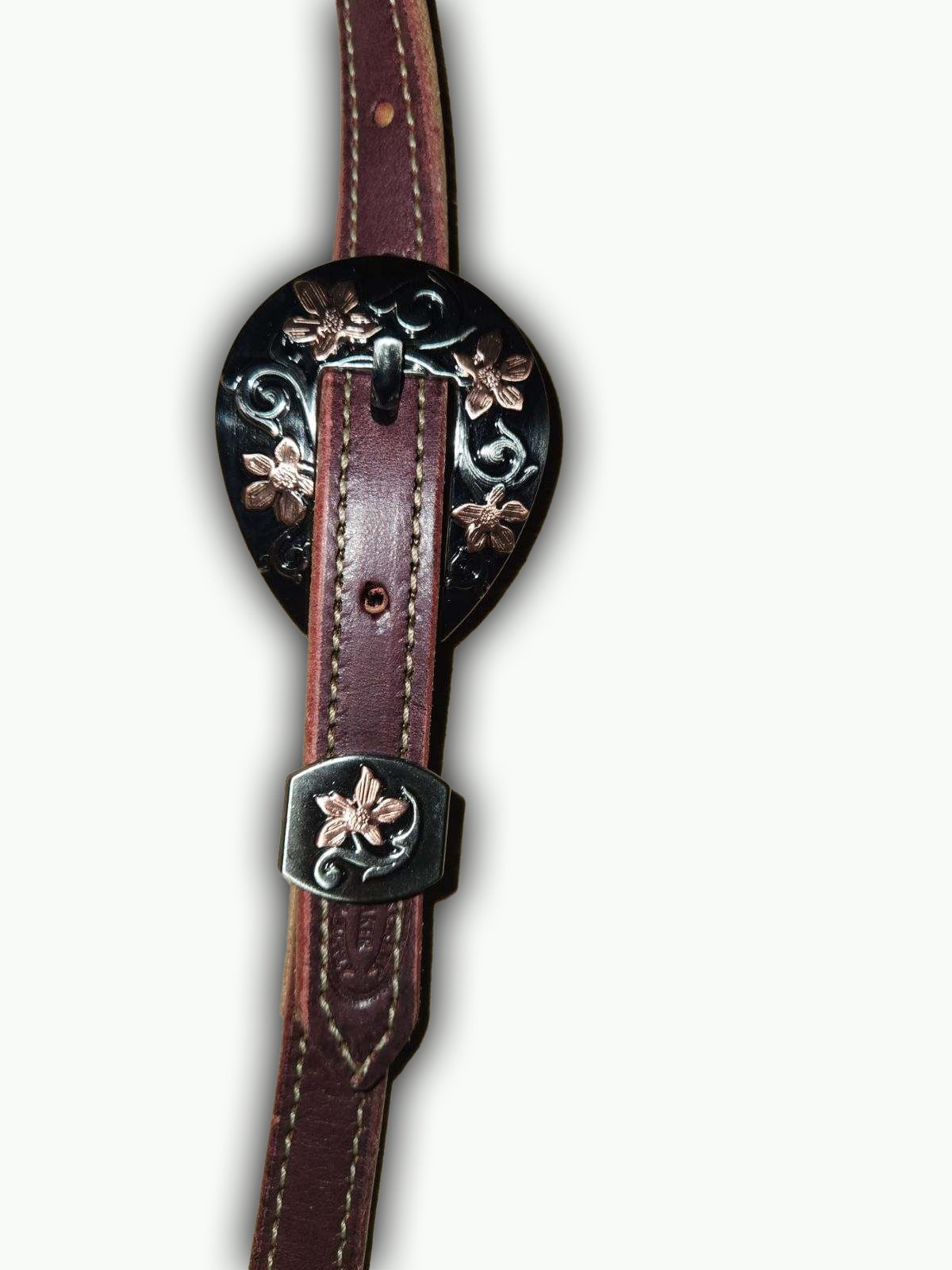 DB051-1_Double Buckle One Ear Headstalls Chestnut Leather Prairie Floral Buckle with Keeper Copper Accents