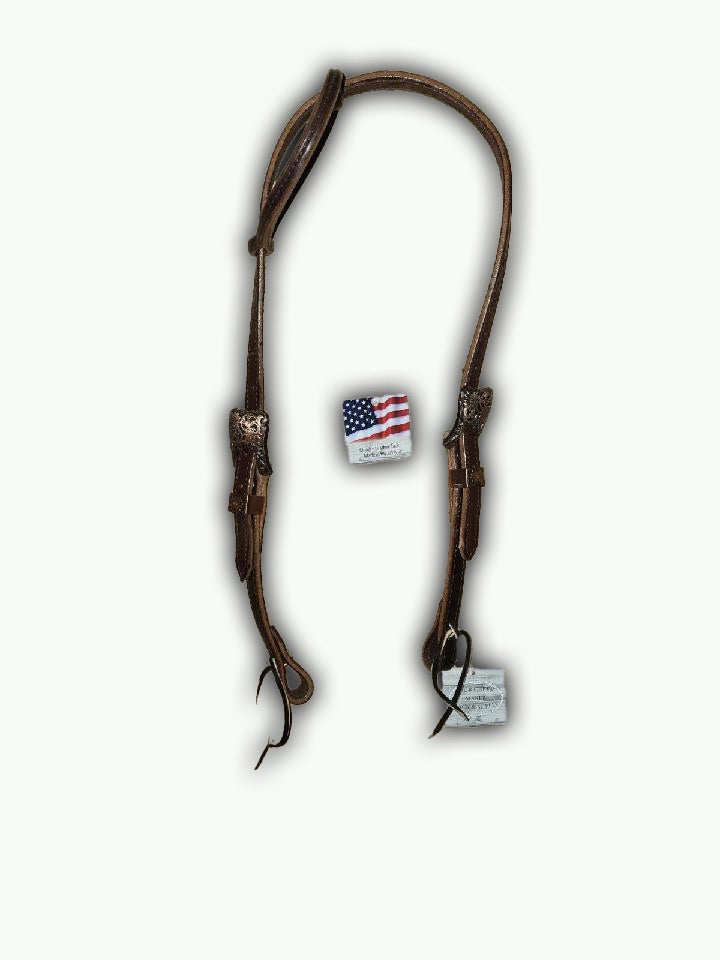 DB052-2_Double Buckle One Ear Headstalls Chocolate Leather Cheyenne Copper Plated Square Buckle with Keeper