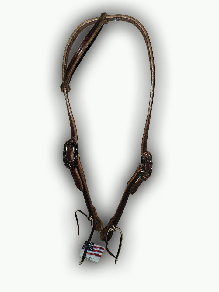 DB050-2_Double Buckle One Ear Headstalls Chocolate Leather Oval Floral Buckle with Copper Accents