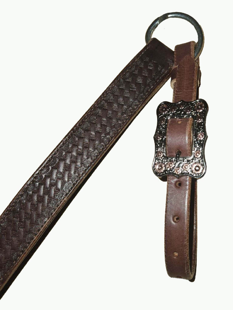 BC224-4_Breast Collar Frontier Buckle With Floral Copper Accents on Basket Stamp Chocolate Leather