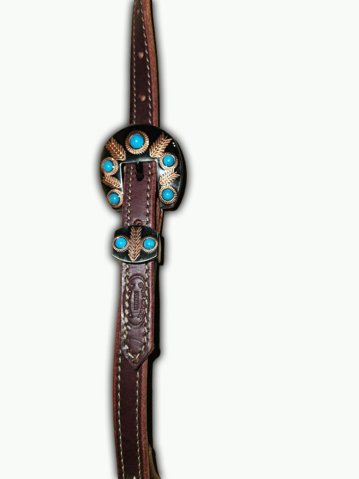 DB58-1_Double Buckle One Ear Headstalls Chestnut Leather Headdress Pewter Color Buckle with Keeper with Copper Accents and Turquoise Color Stones