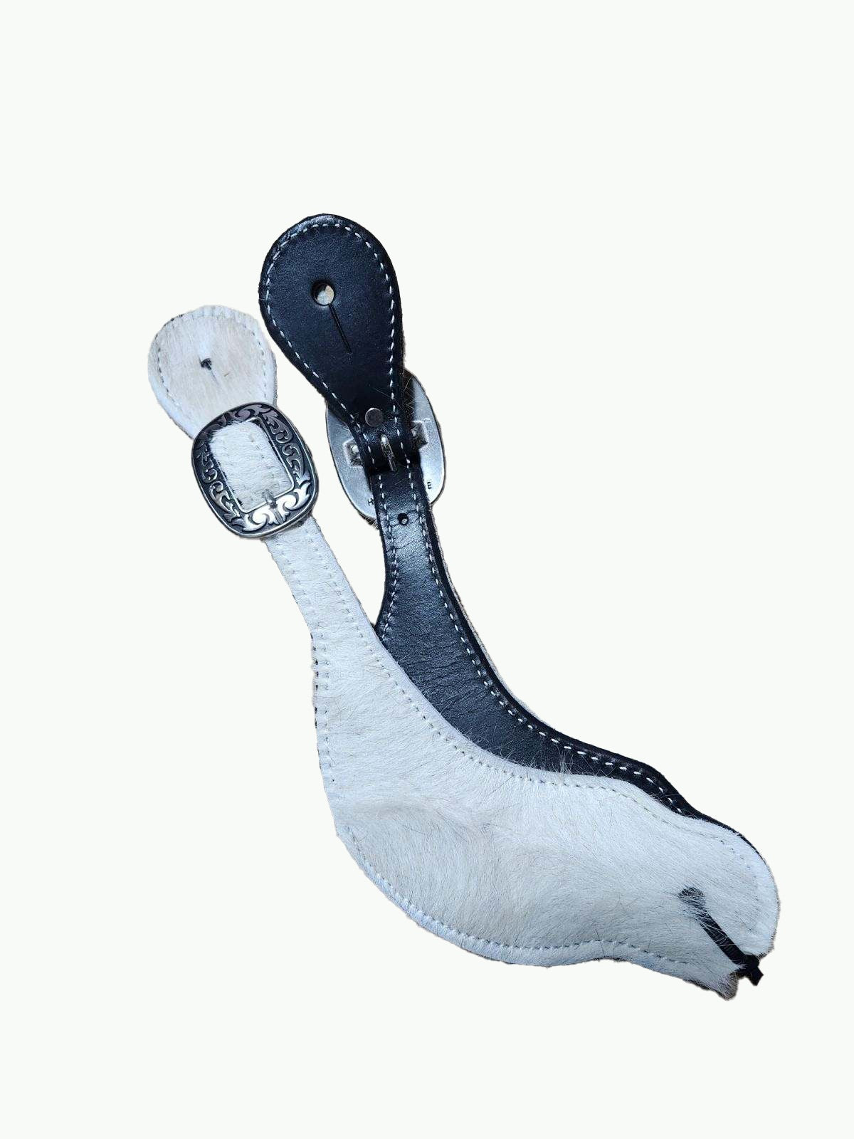 ST300-1_White Hair On Hide With Horse Shoe Brand Buckles Mens Spur Straps