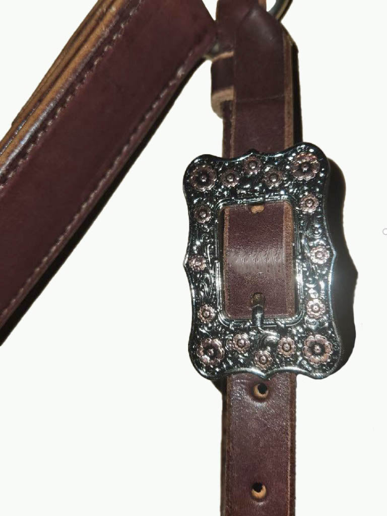 BC224-3_Breast Collar Frontier Buckle With Floral Copper Accents on Plain Chocolate Leather