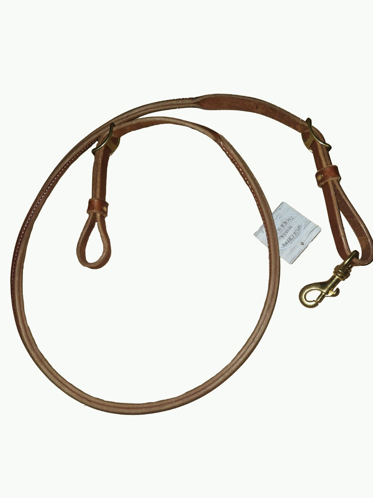 R266-1_Pony Size Gaming Reins Rolled Harness Leather With Brass Plated Snap 6 Foot Long