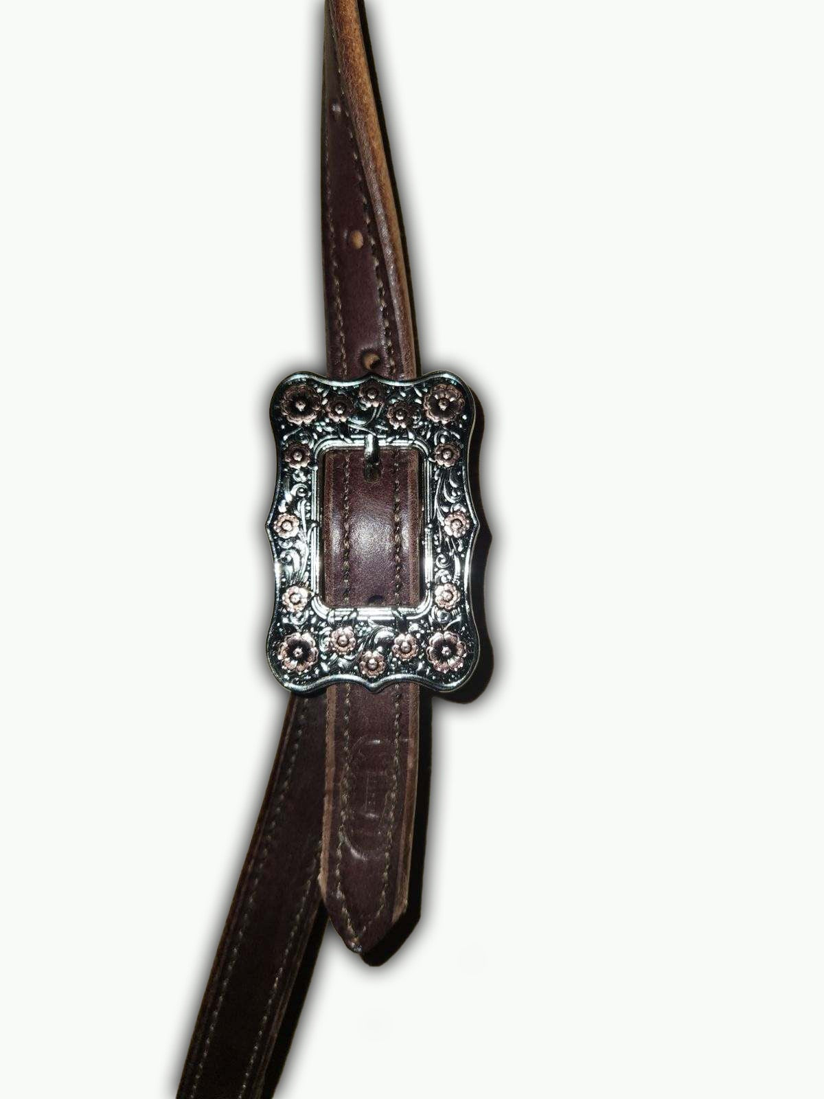 DB054-2 _Double Buckle One Ear Headstalls Chocolate Leather Frontier Buckle with Floral Copper Accents