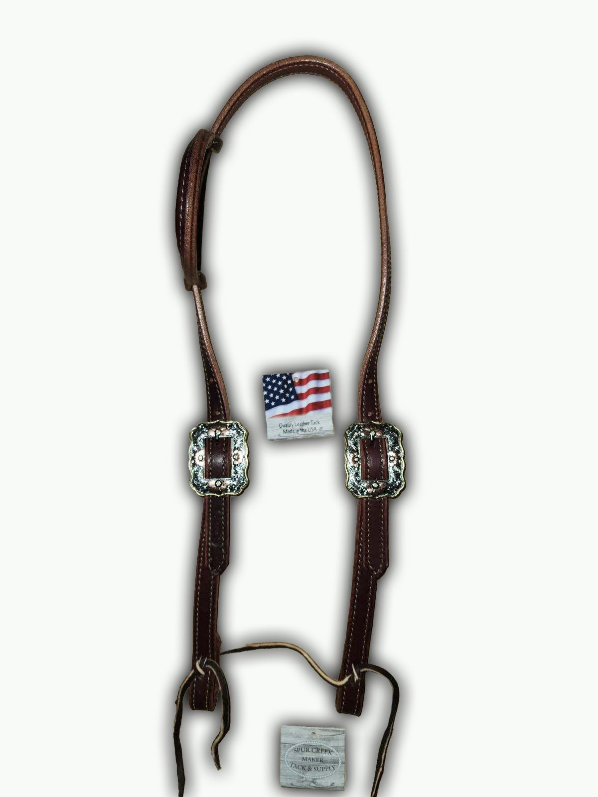 DB061-1_Double Buckle One Ear Headstalls Chestnut Leather Western Rose Buckle with Gold Rope Edge and Copper Color Accents