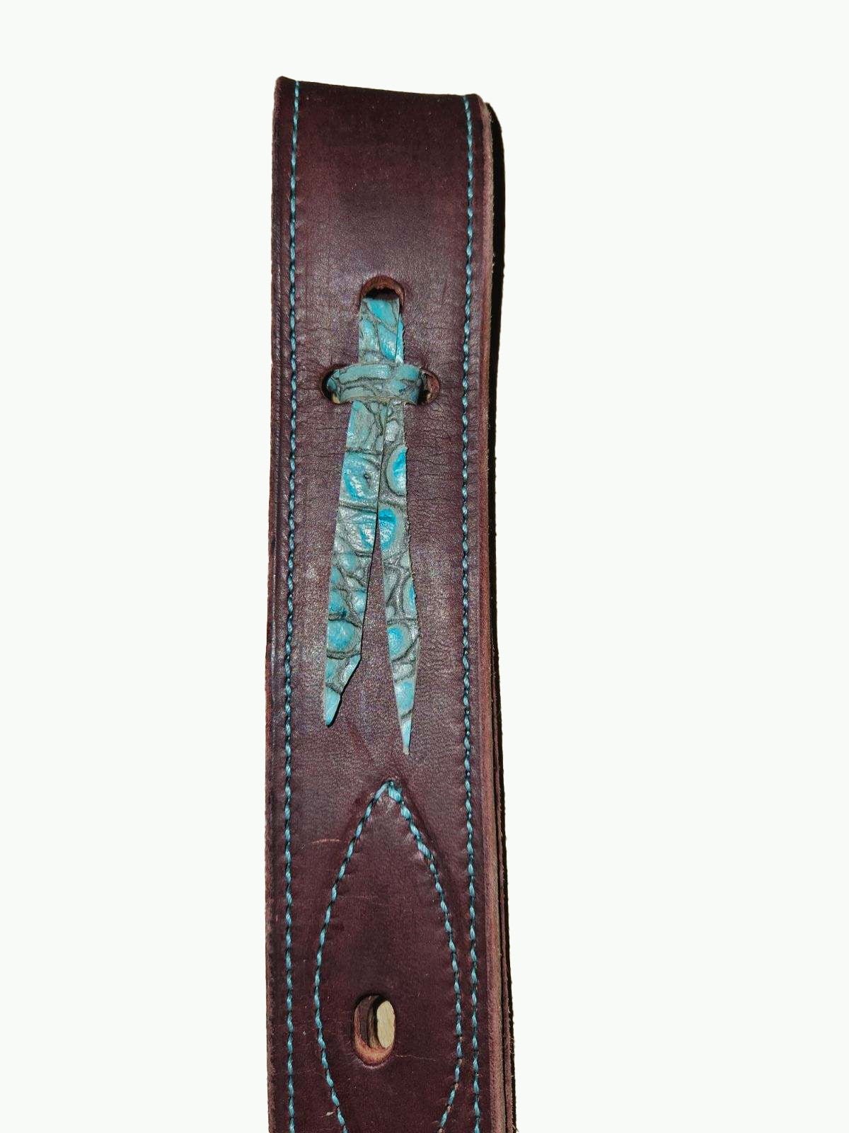 MI280-5_Heavy Duty Horse Size Off Billet With Teal Stitching and Alligator Print Tie 20 Inches Long