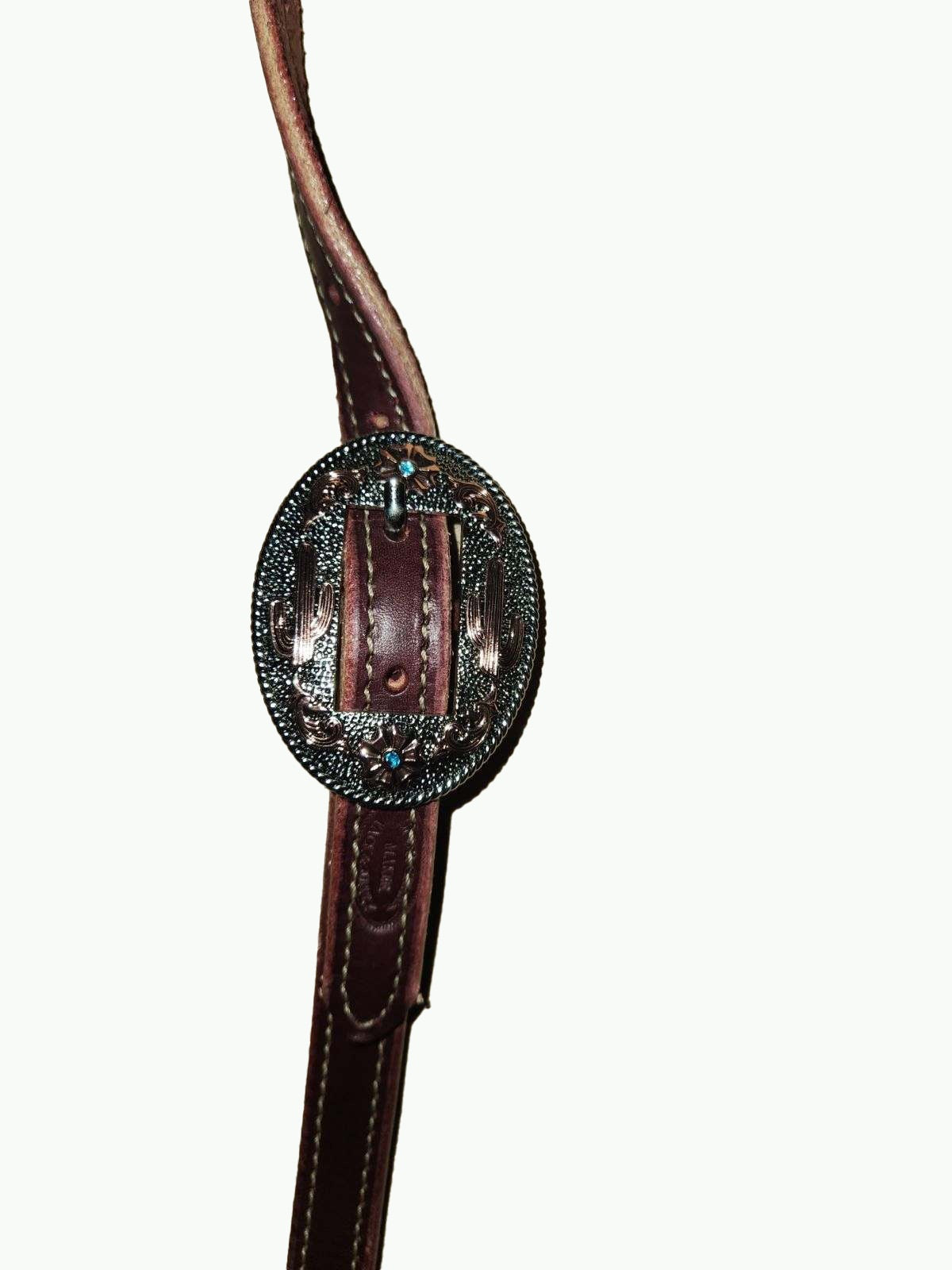 DB063-1_Double Buckle One Ear Headstalls Chestnut Leather Desert Blossom Nickle Plated Buckle with Copper and Blue Accents