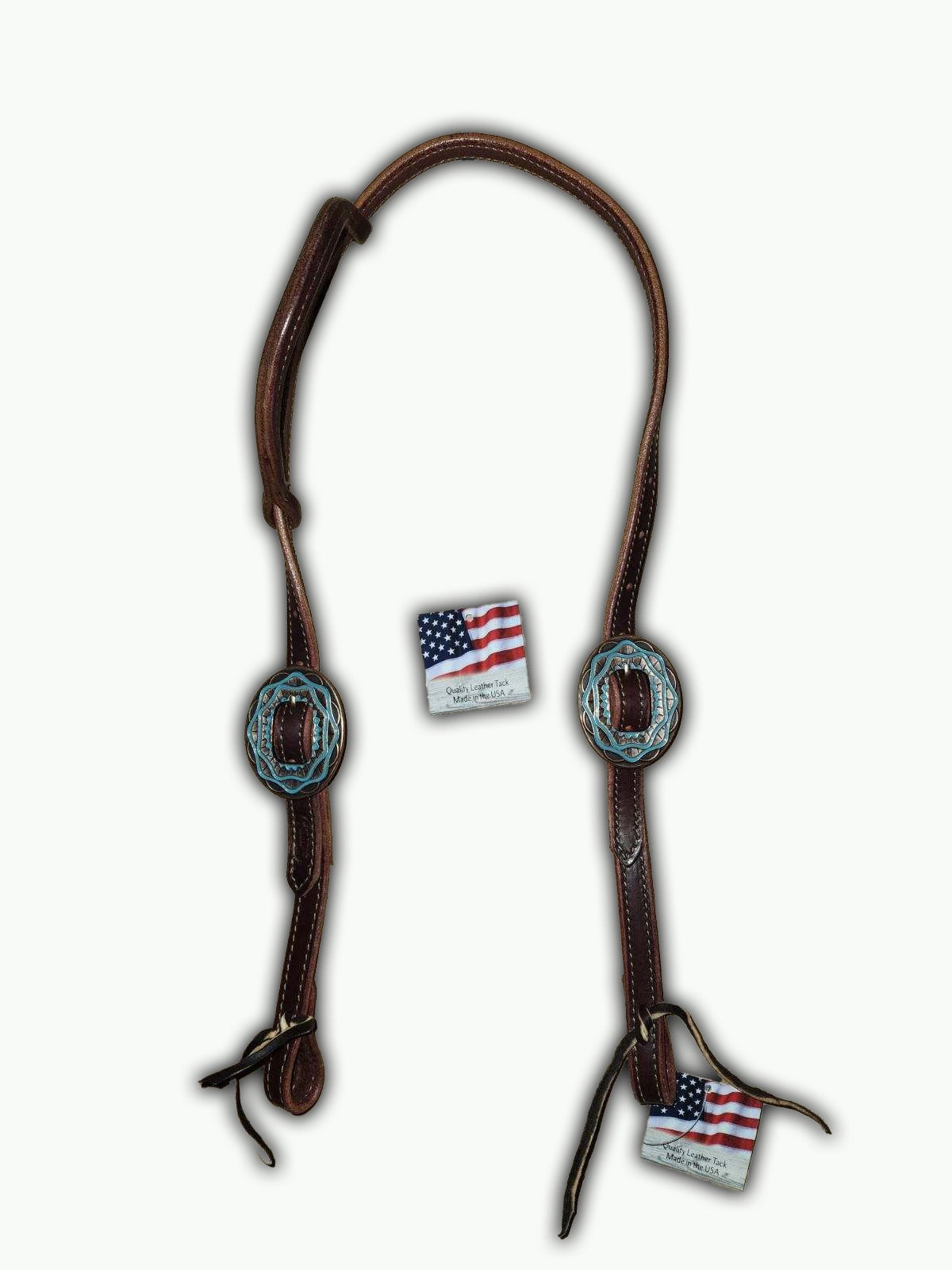 DB062-1_Double Buckle One Ear Headstalls Chestnut Leather Aztec Oval Copper Plated Buckle with Turquoise Color Inlay