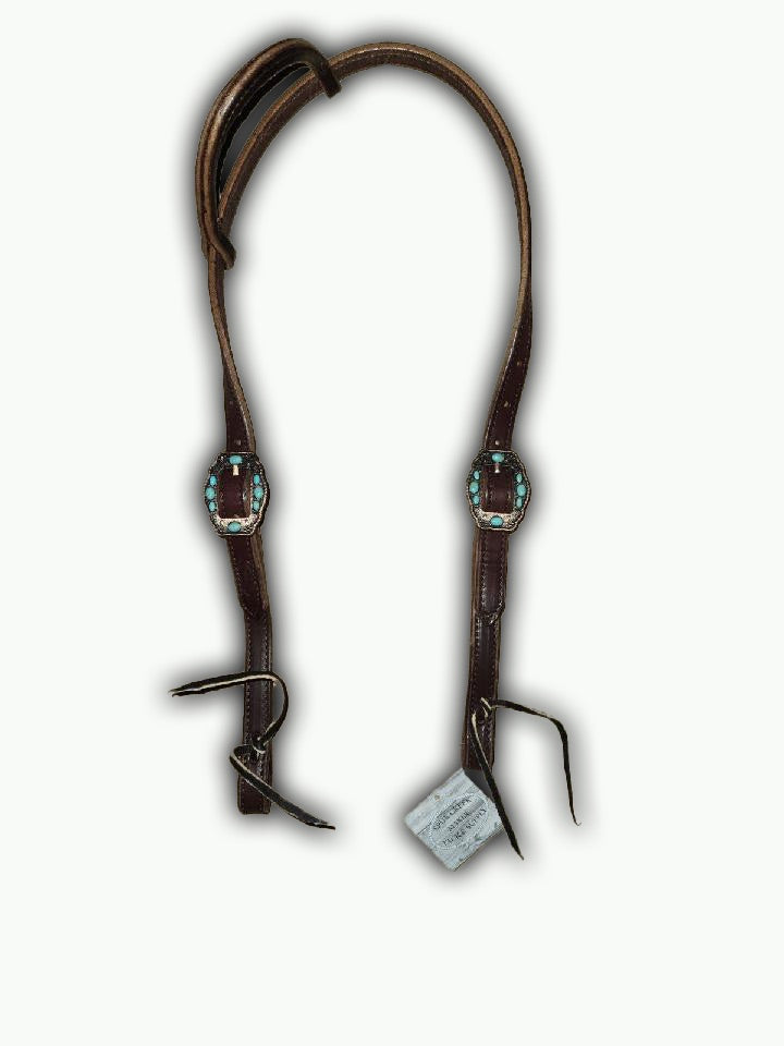 DB055-2_Double Buckle One Ear Headstalls Chocolate Leather Navajo Rope Edge Copper Plated Buckle with Turquoise Color Accent Stones