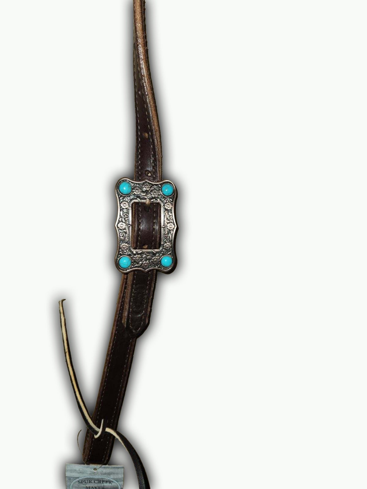 DB060-2_Double Buckle One Ear Headstalls Chocolate Leather Large Copper Plated Buckle with Turquoise Color Accent Stones