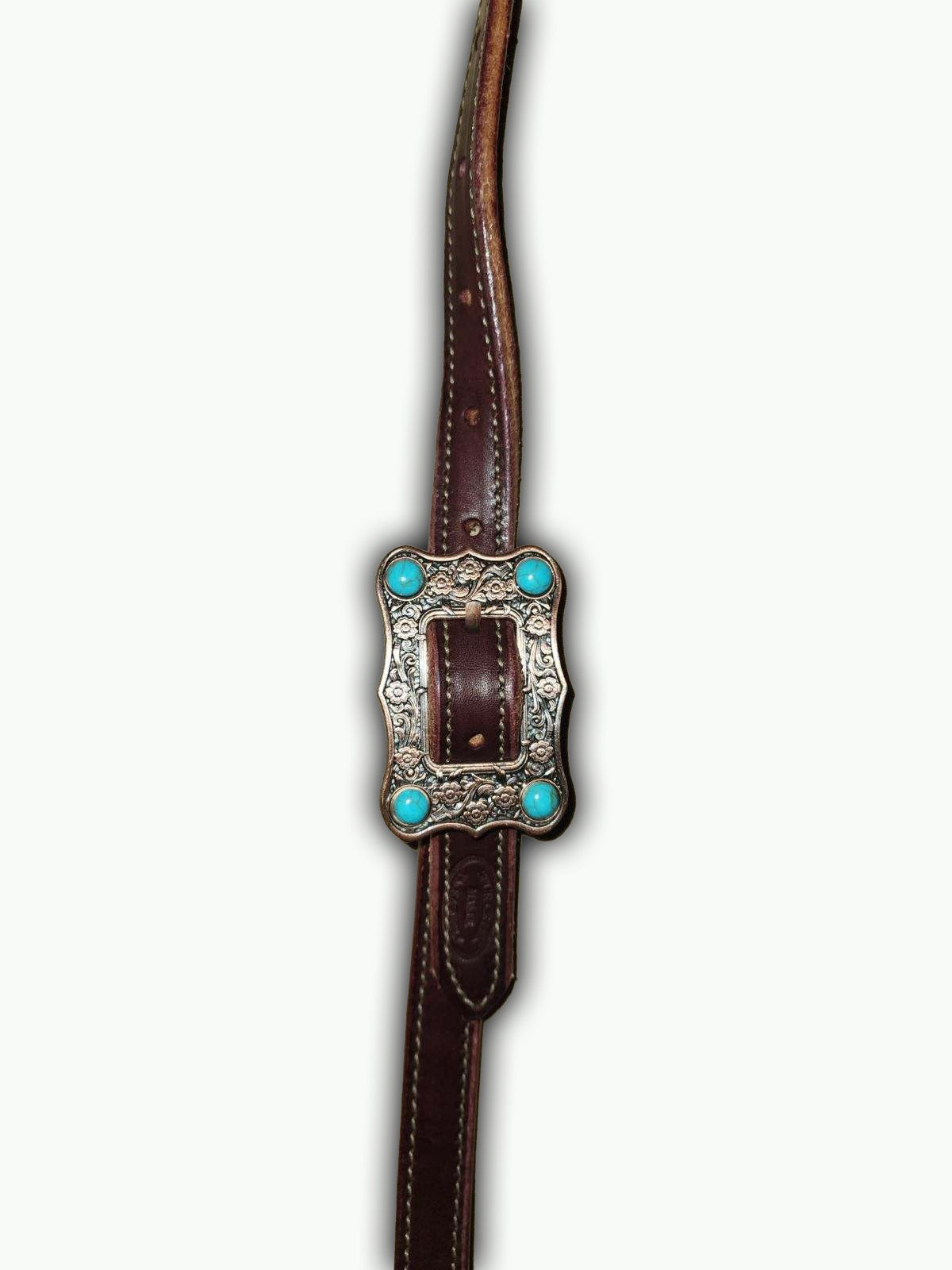 DB060-1_Double Buckle One Ear Headstalls Chestnut Leather Large Copper Plated Buckle with Turquoise Accent Stones