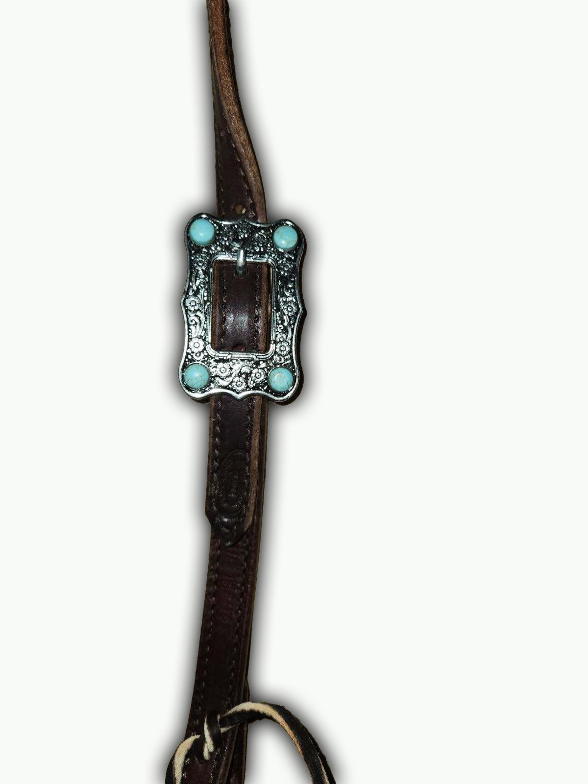 DB059-2_Double Buckle One Ear Headstalls Chocolate Leather Large Nickle Plated Buckle with Turquoise Color Accent Stones