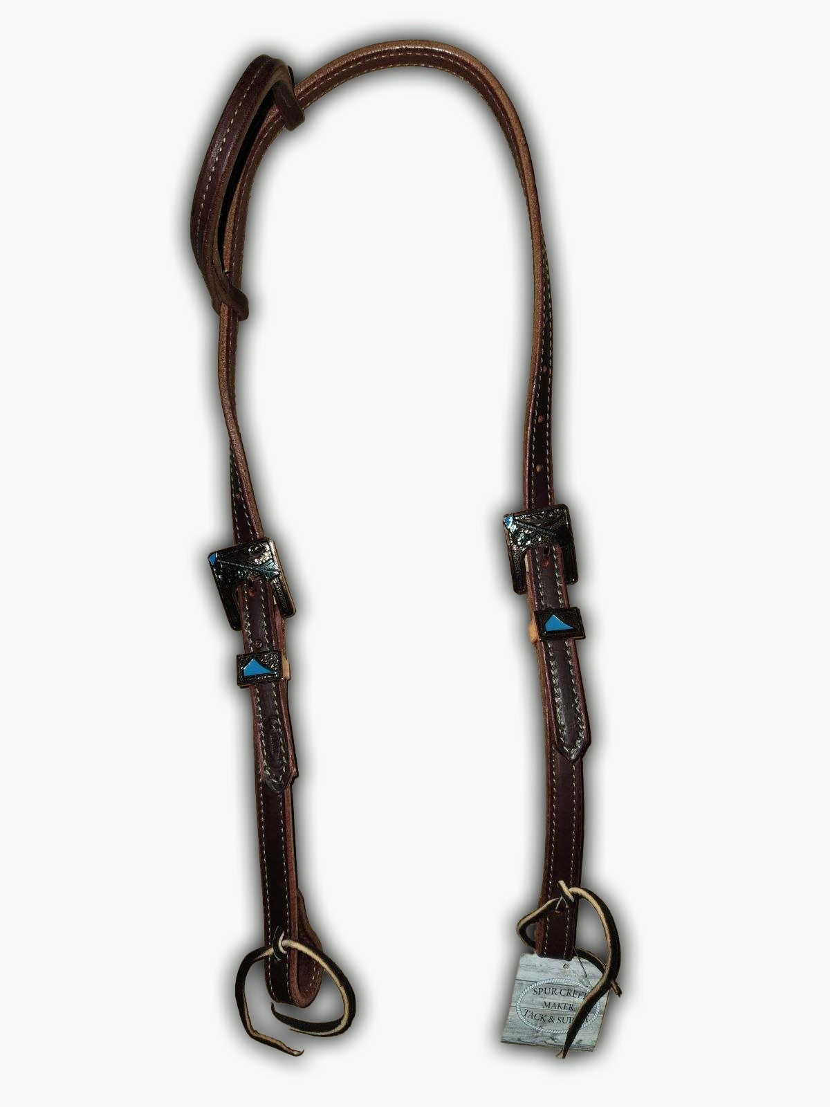 DB057-1_Double Buckle One Ear Headstalls Chestnut Leather Cherokee Copper Plated Arrow Buckle with Keeper with Turquoise Color Accents