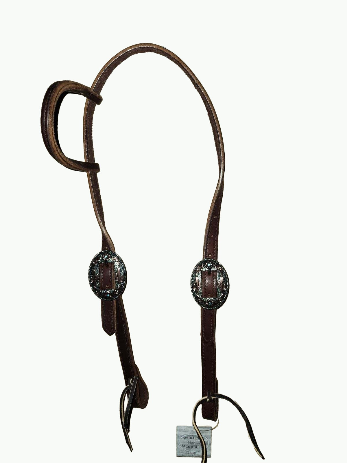 DB063-2_Double Buckle One Ear Headstalls Chocolate Leather Desert Blossom Nickle Plated Buckle with Copper and Blue Accents