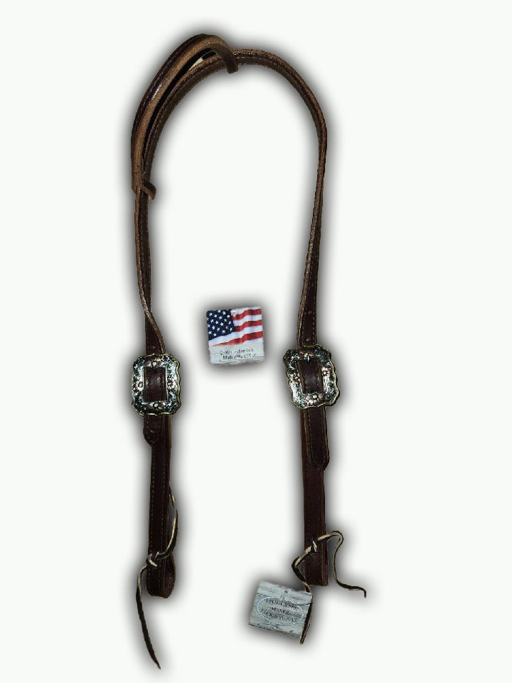 DB061-2_Double Buckle One Ear Headstalls Chocolate Leather Western Rose Buckle with Gold Rope Edge and Copper Color Accents