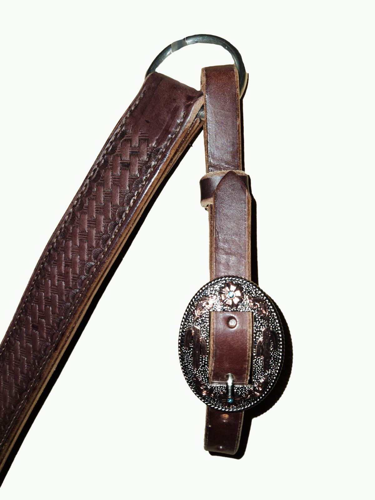 BC233-4_Breast Collar Desert Blossom Buckle Nickle Plated Oval Buckle With Copper and Blue Accents on Basket Stamp Chocolate Leather