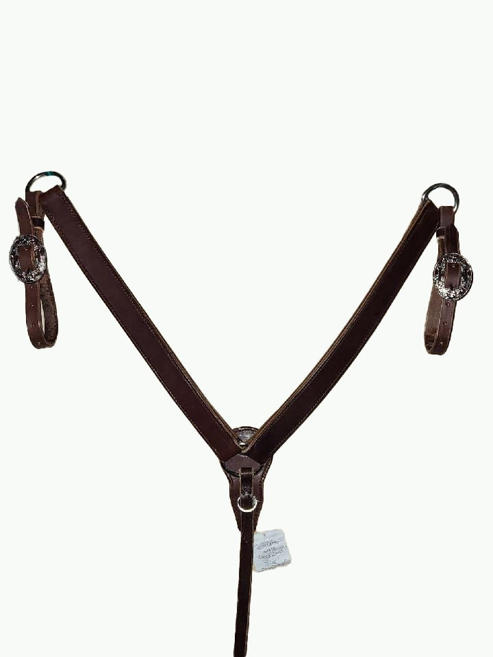 BC233-3_Breast Collar Desert Blossom Buckle Nickle Plated Oval Buckle With Copper and Blue Accents on Plain Chocolate Leather