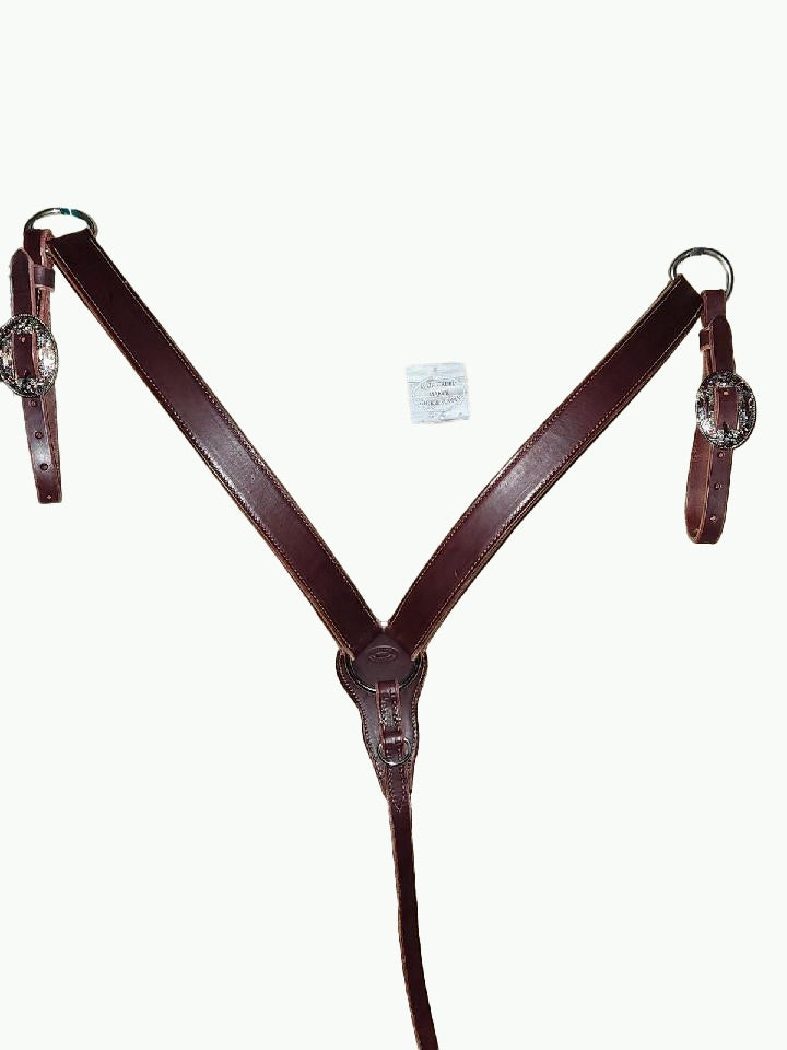 BC233-1_Breast Collar Desert Blossom Nickle Plated Oval Buckle With Copper and Blue Accents on Plain Chestnut Leather