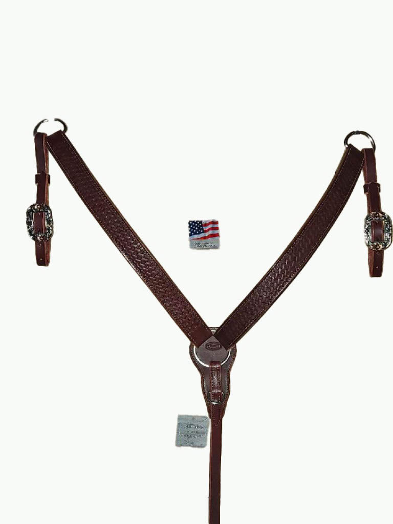 BC220-2_Breast Collar Oval Floral Buckle With Copper Accents on Basket Stamp Chestnut Leather