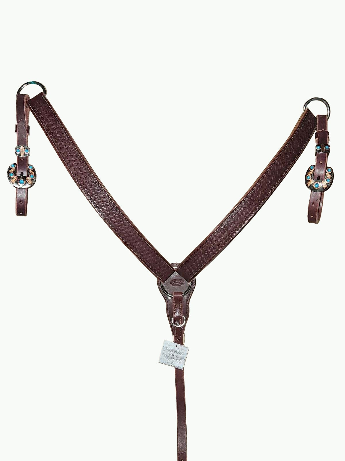 BC228-2_Breast Collar Headdress Pewter Color Buckle With Keeper With Copper Accents and Turquoise Color Stones on Basket Stamp Chestnut Leather