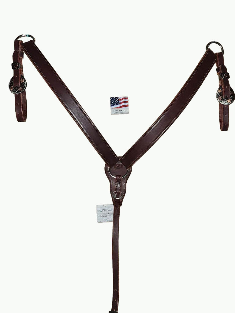 BC221-1_Breast Collar Prairie Floral Buckle With Keeper With Copper Accents on Plain Chestnut Leather