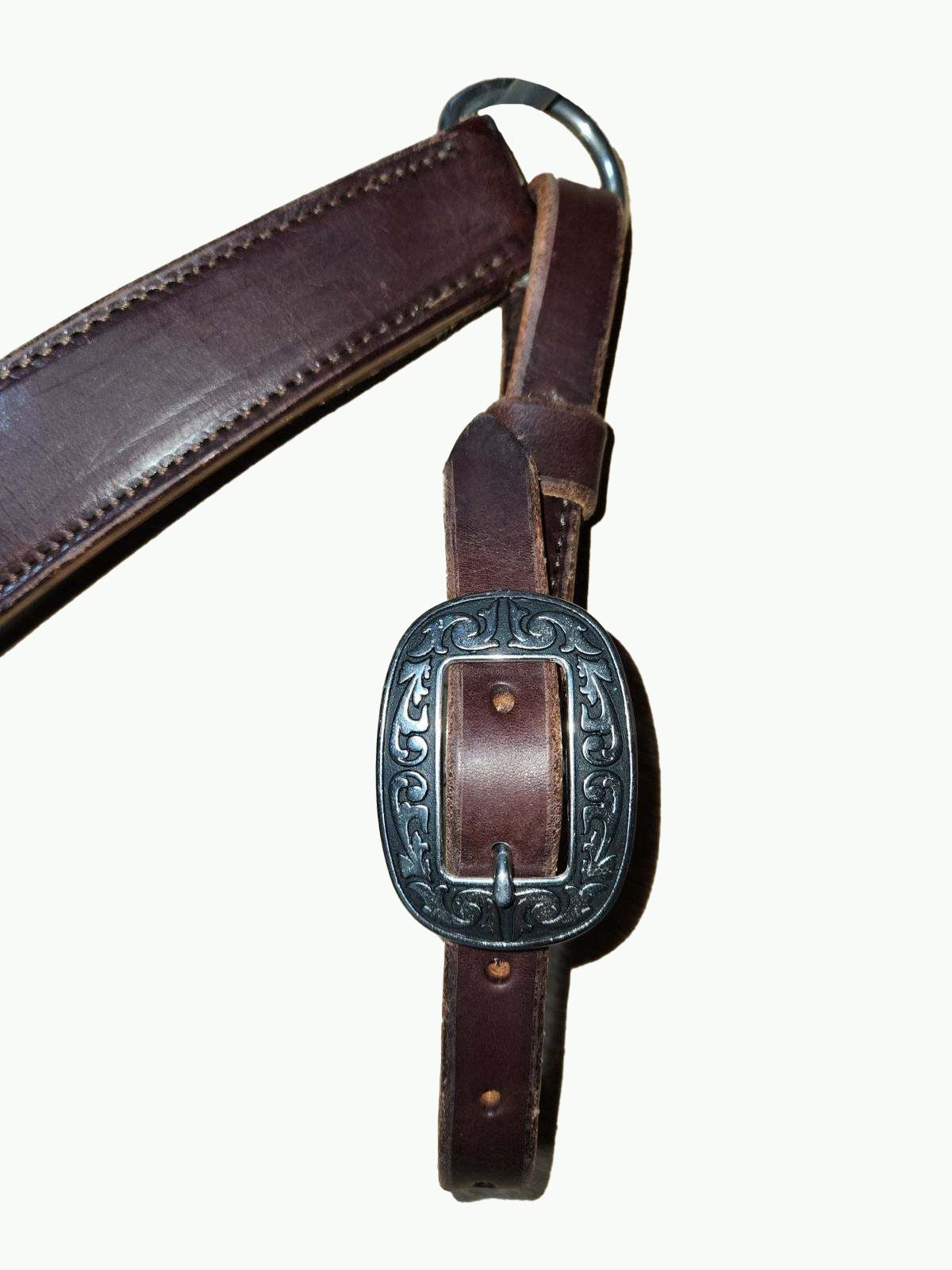 BC237-2_Breast Collar Horse Shoe Brand Buckles on Chocolate Leather